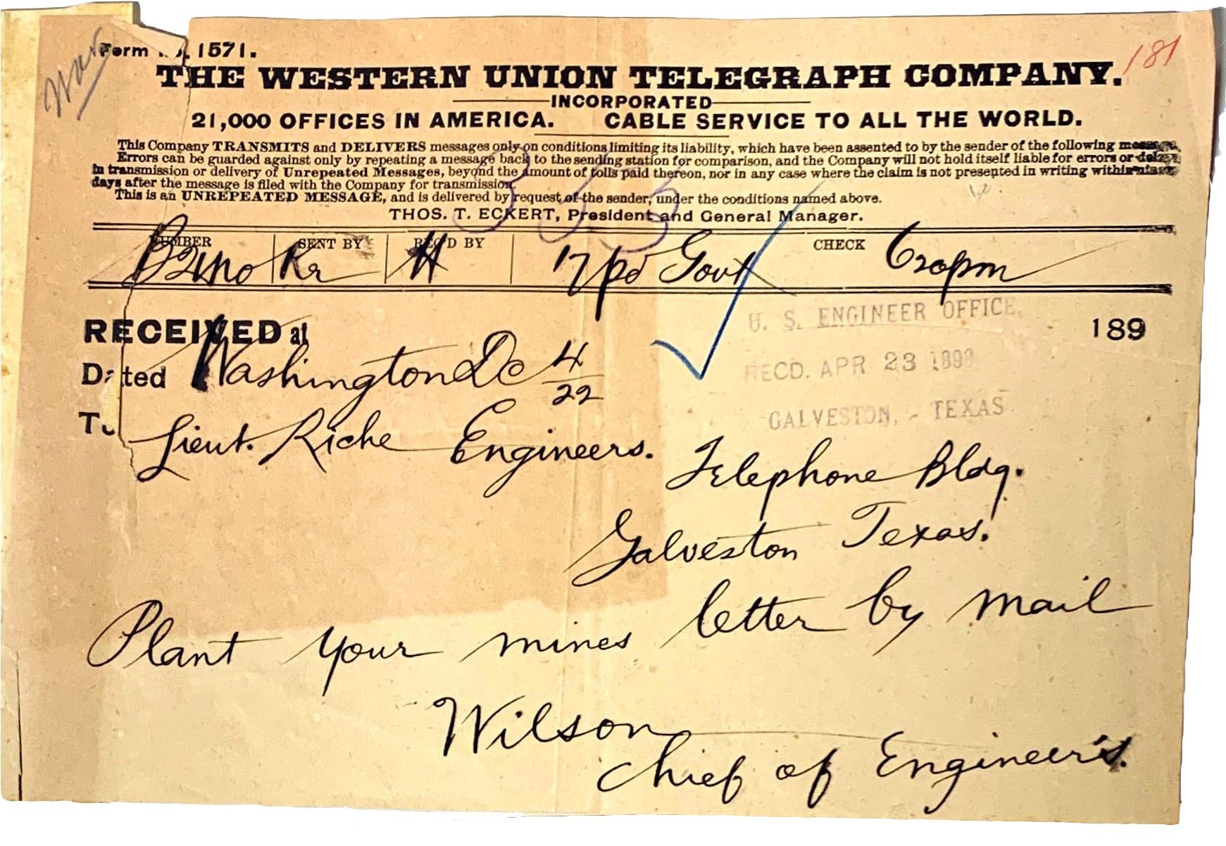 Image of a yellowed and tattered telegram